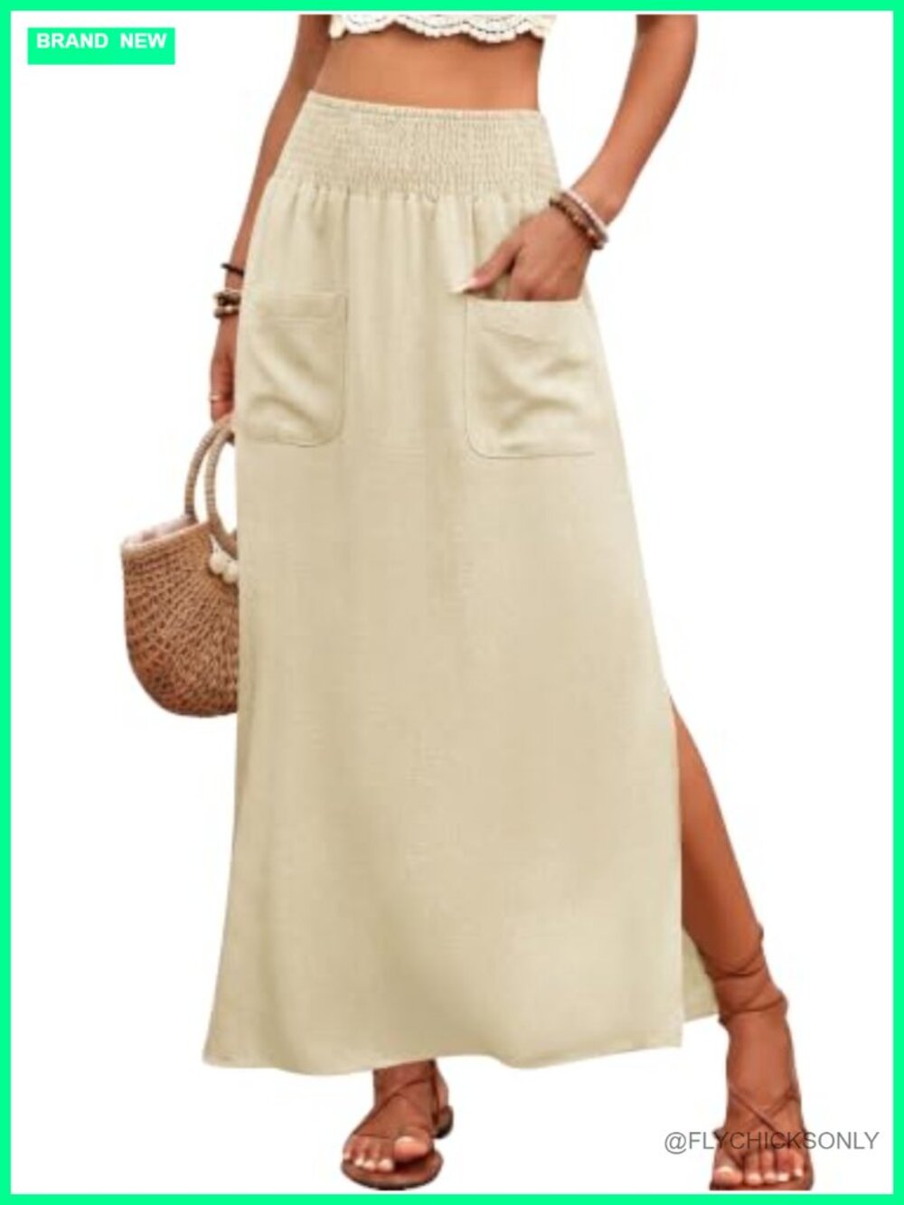 Linen Maxi Skirt Flowy High Waist Side Slit Pockets Pull On